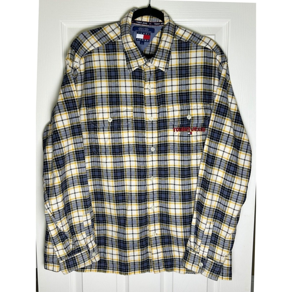 Vintage Tommy Jeans Mens L Plaid Flannel Shirt Embroidered Logo Cotton Y2K